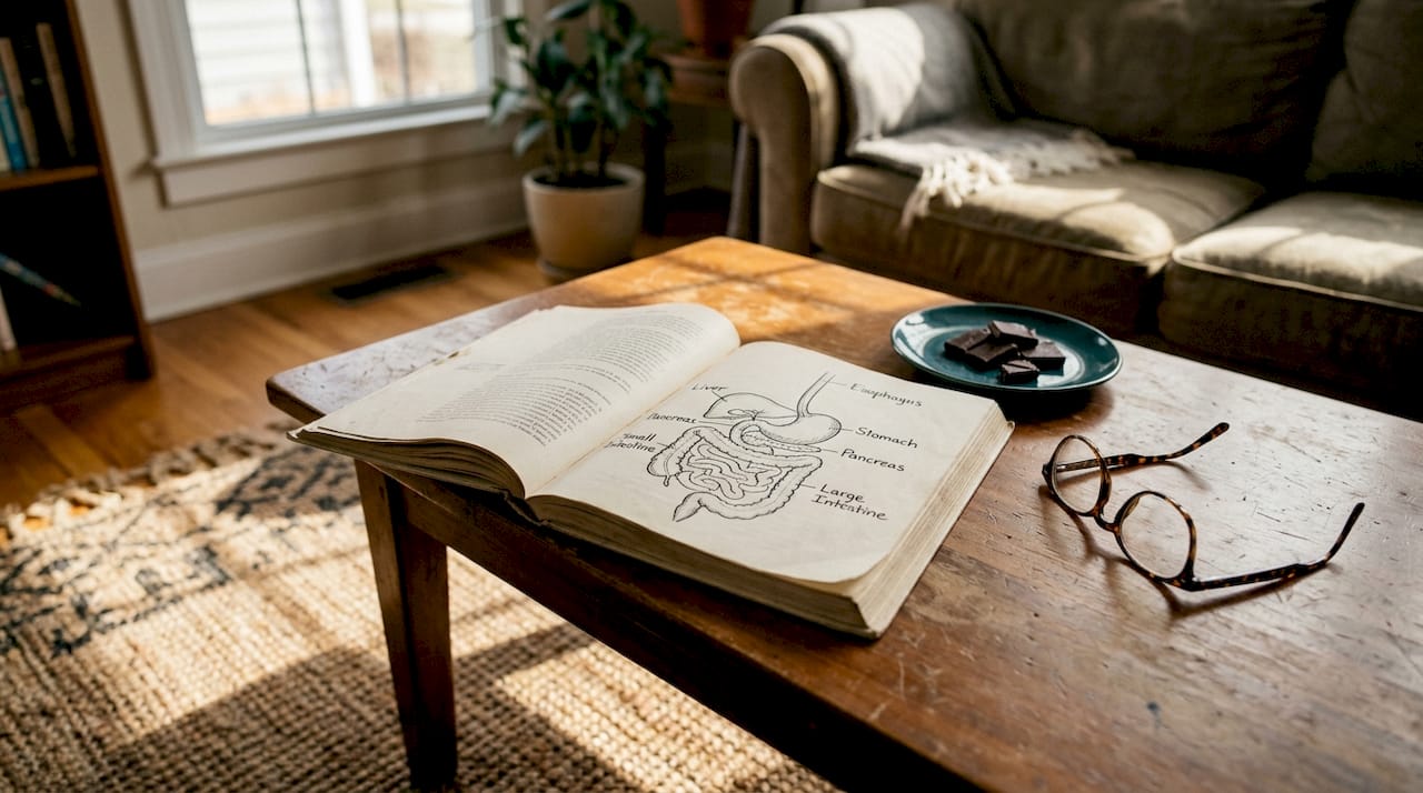 Digestive system book with chocolate on table