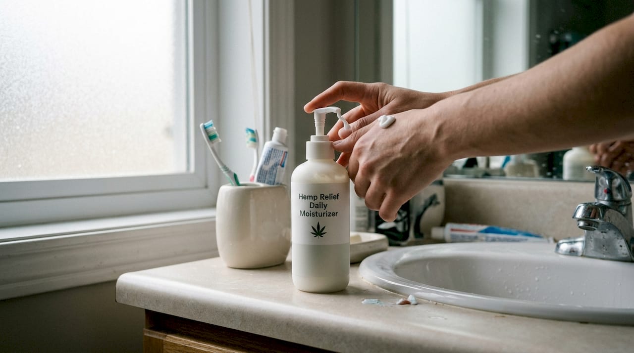 Applying cannabis lotion in real bathroom setting