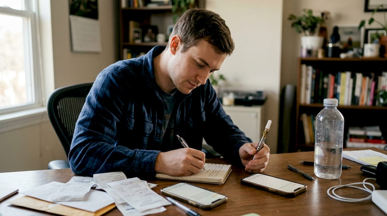 Man recording cannabis dose in notebook