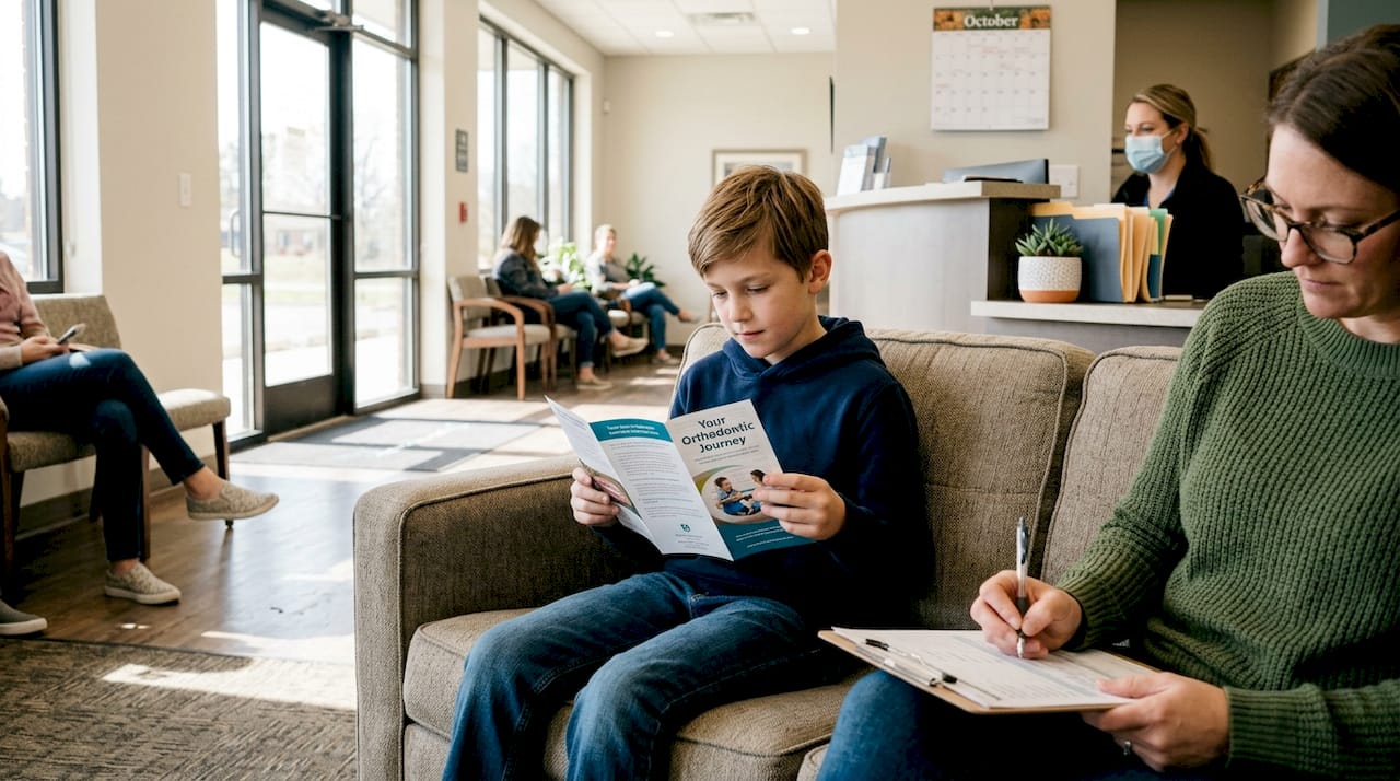 Child reading orthodontic brochure with parent