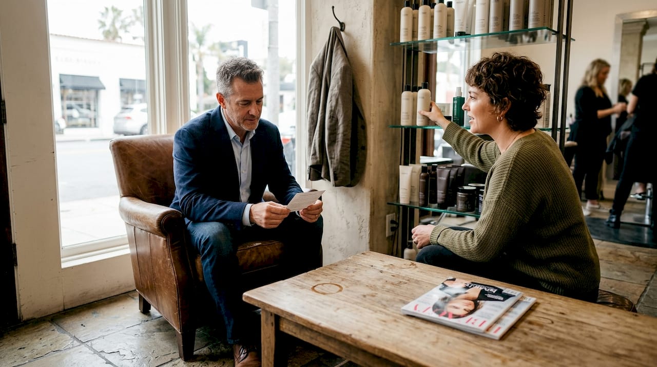 Client reviews aftercare in premium salon lounge