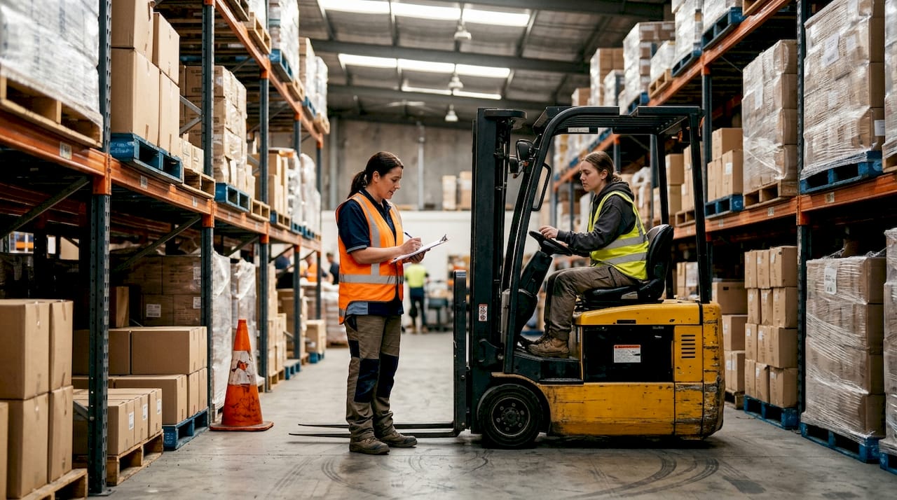 Supervisor coaching forklift operator in warehouse