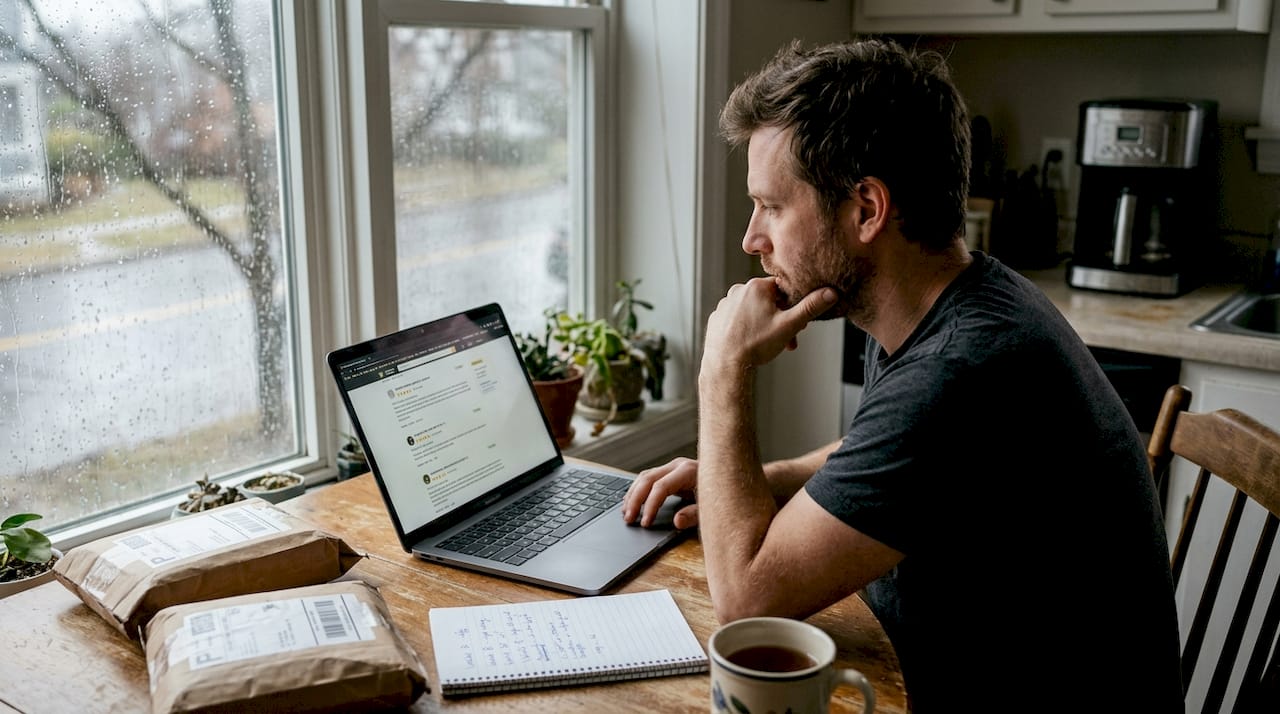 Man reviewing mushroom spore vendor credibility