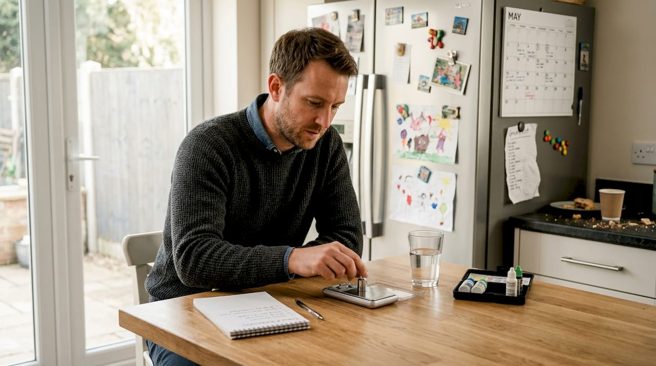Man preparing psilocybin tools at kitchen island