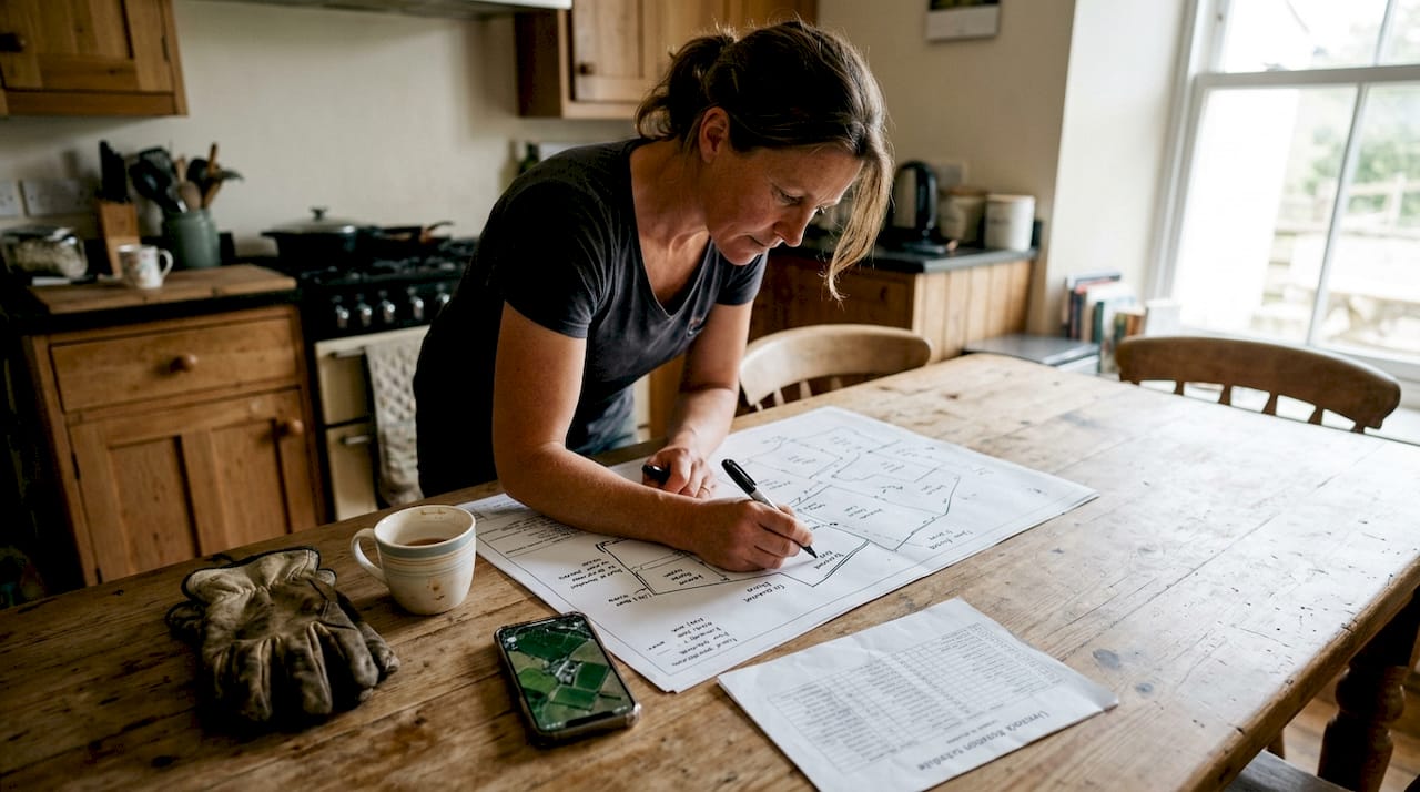 Farmer drawing paddock divisions on map
