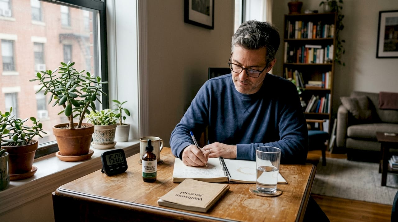 Man logging microdosing notes in journal