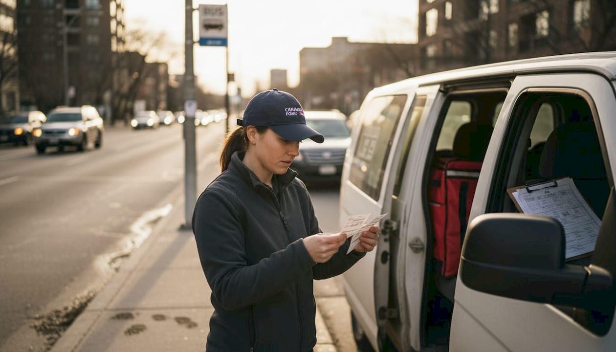 Courier comparing urban delivery addresses on city street