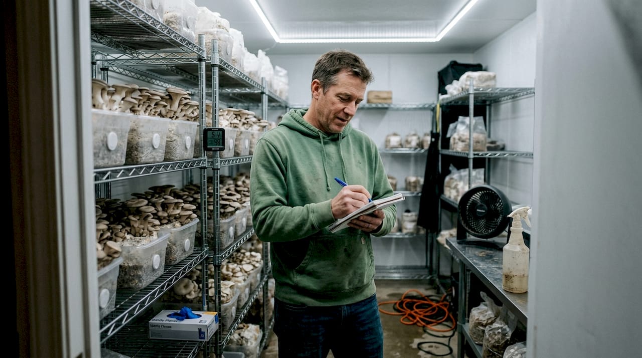 Grower adjusting humidity in mushroom grow room