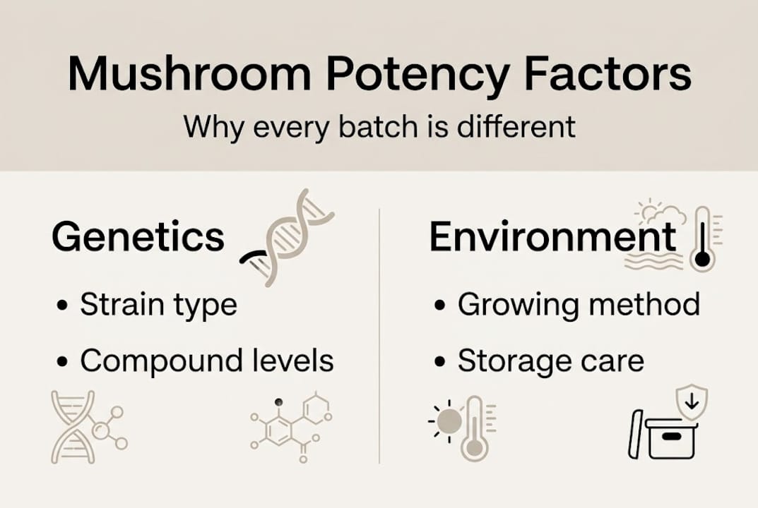 Infographic showing main factors in mushroom potency variability