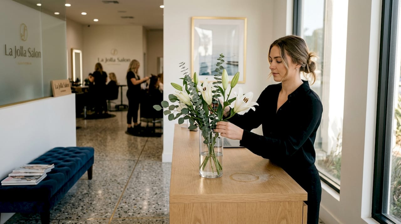 Reception area in luxury La Jolla hair salon