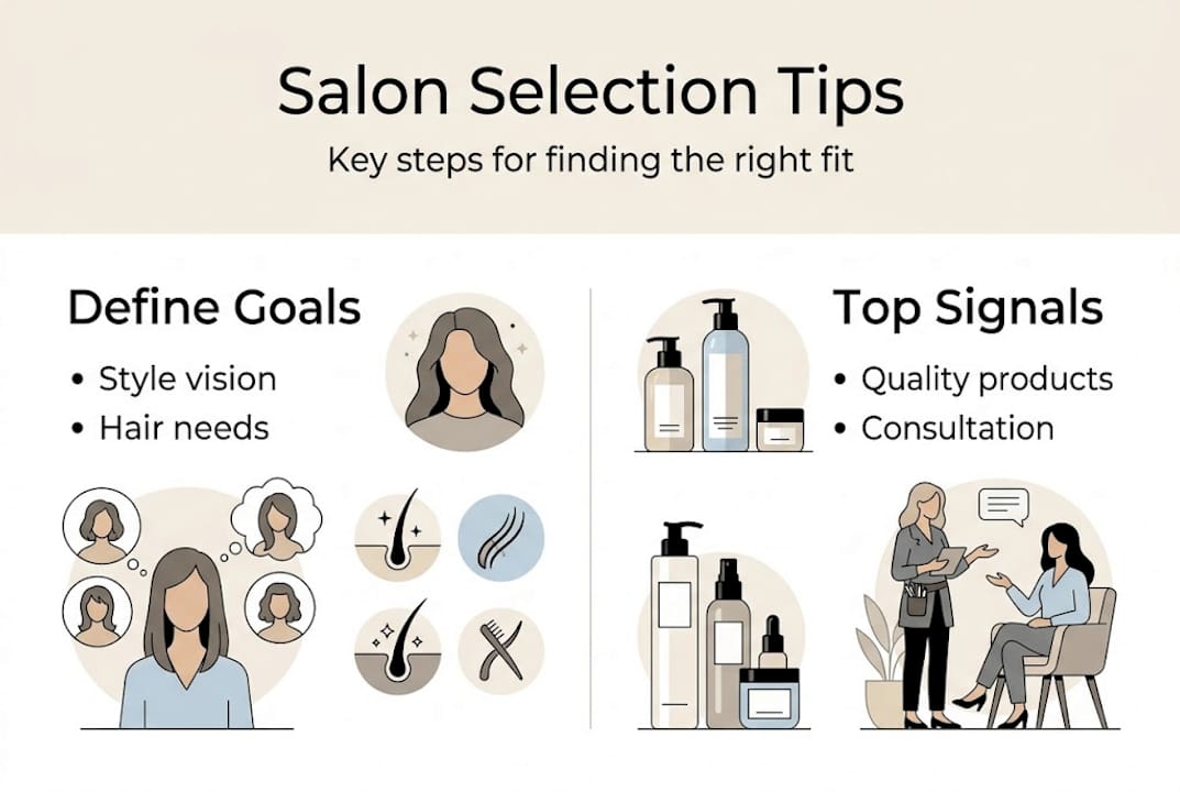 Infographic outlining salon selection steps and criteria