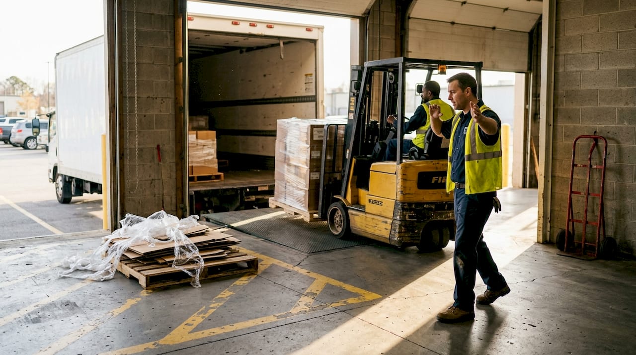 Team communicates during forklift loading at dock