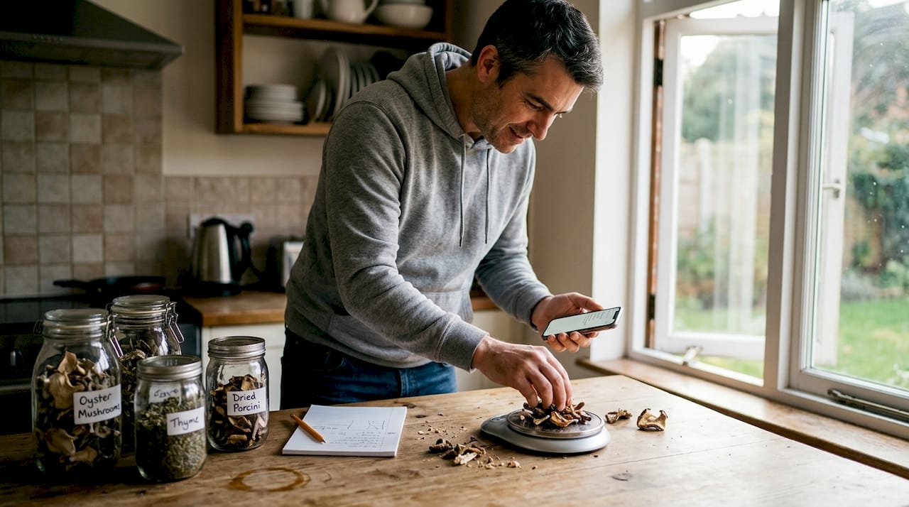 Man carefully preparing microdosing dose in kitchen