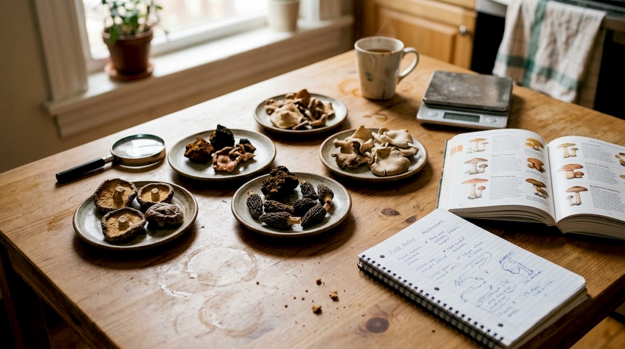 Table with various magic mushroom samples