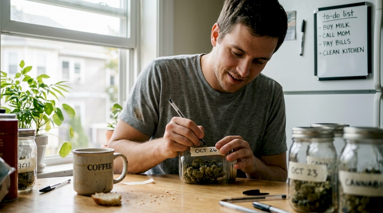 Man labeling date on cannabis container at home