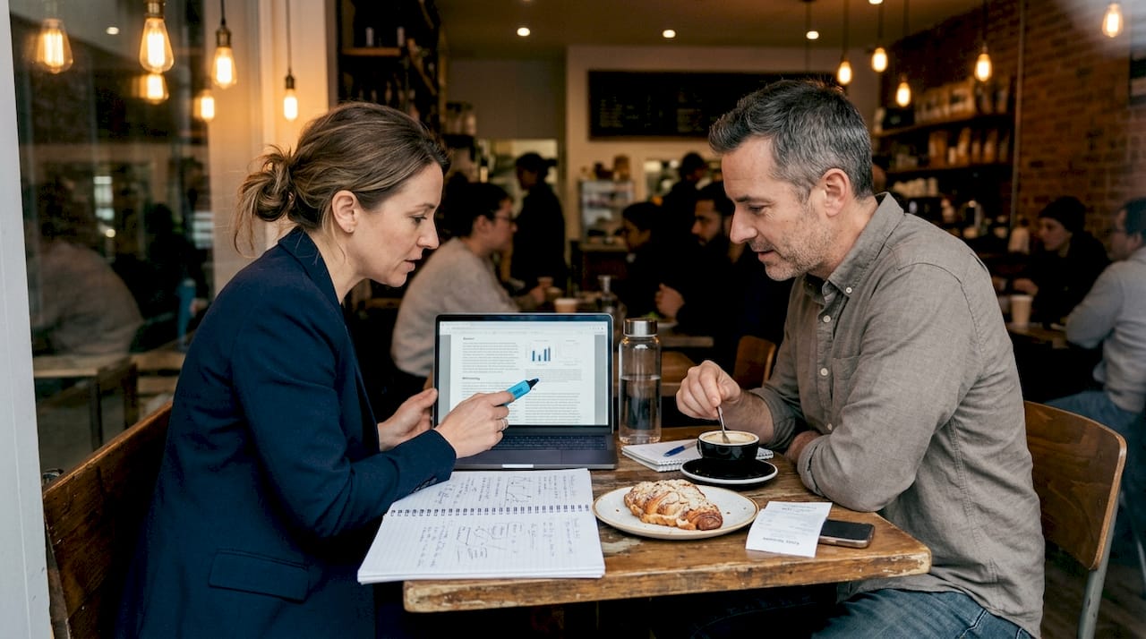 Two people discuss microdosing research in café