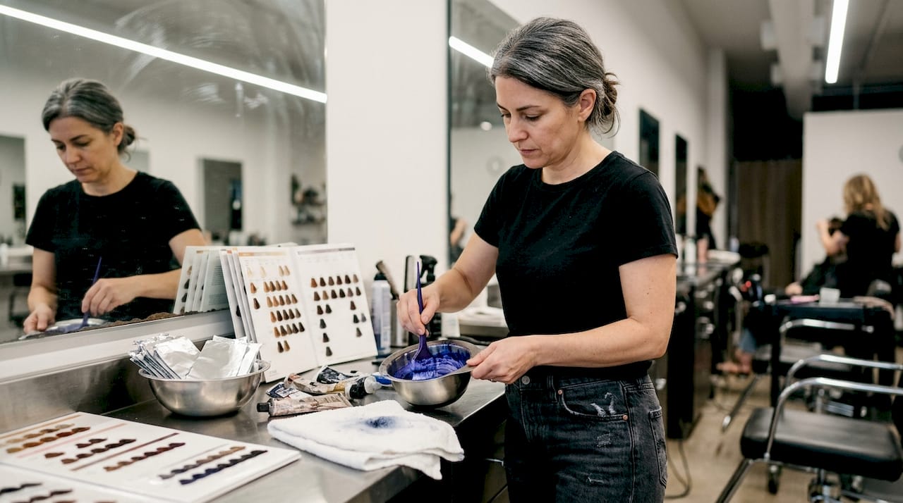 Colorist mixing dye in professional studio