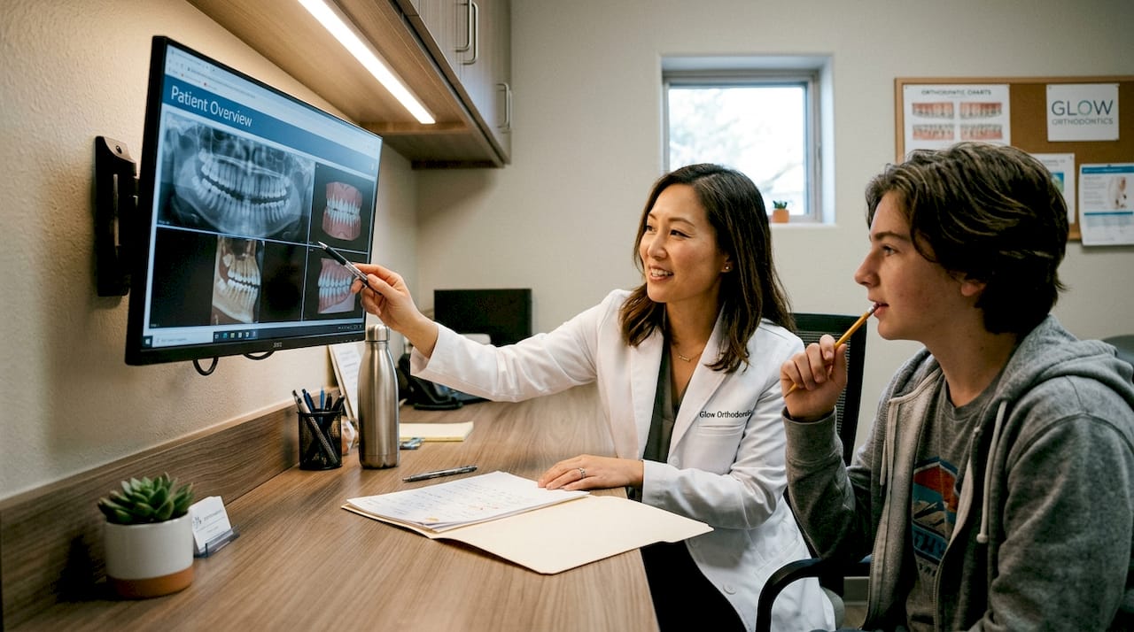 Orthodontist reviews plan with teen patient