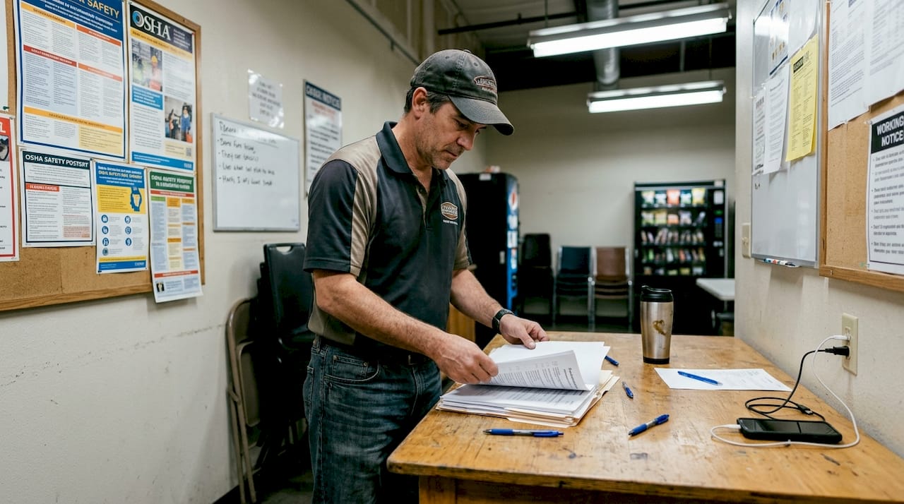 Supervisor organizing forklift evaluation records