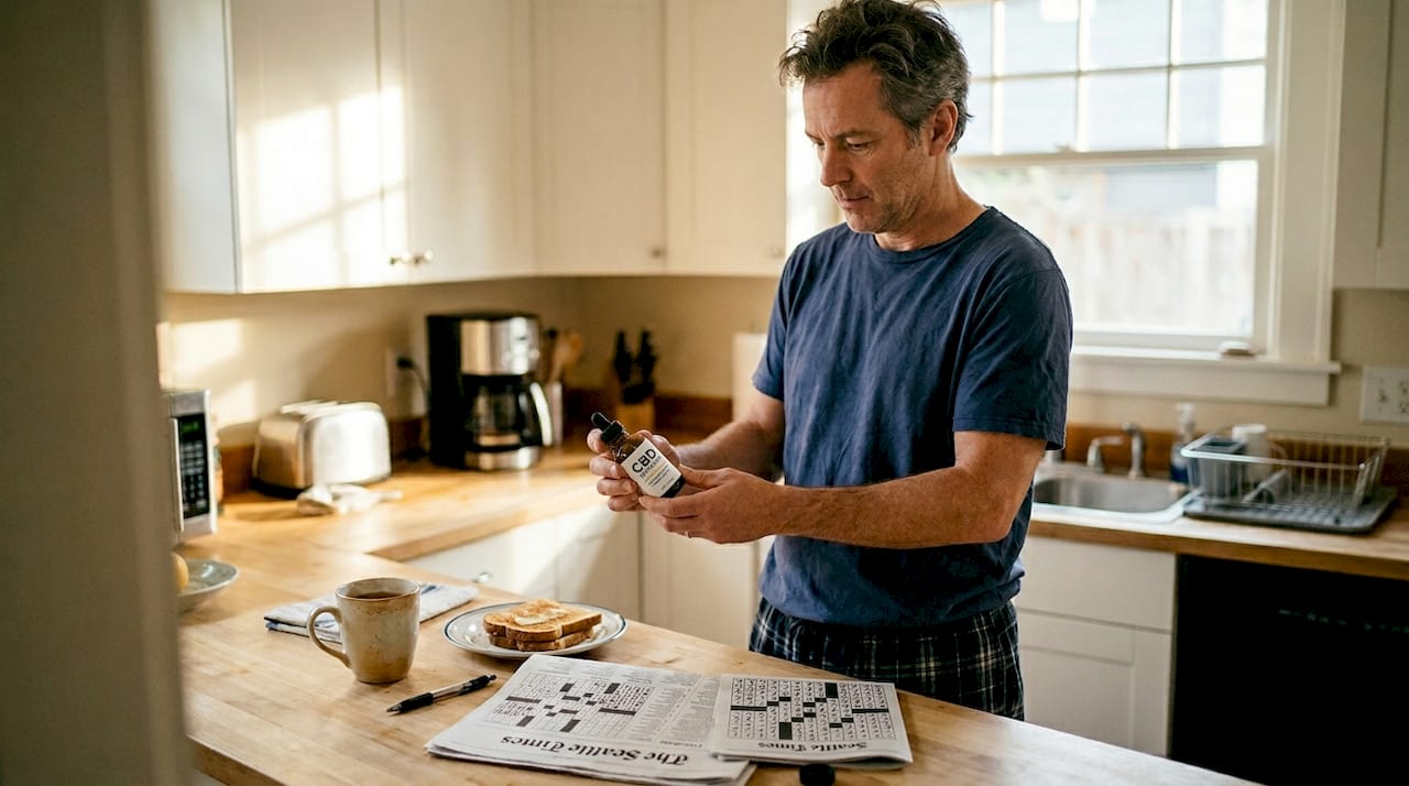 Man reading CBD bottle in home kitchen