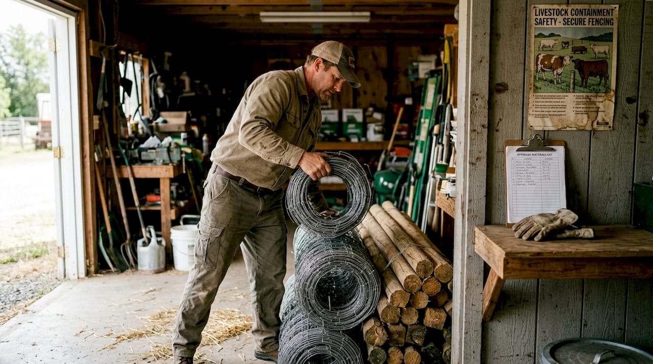 Employee organizing fencing material supplies