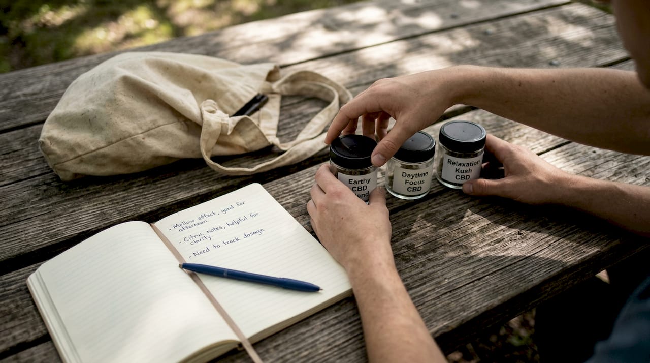 Hands comparing labeled cbd hemp bud jars
