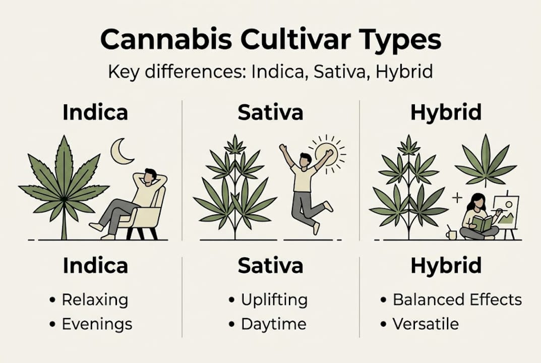 Infographic with indica, sativa, and hybrid features