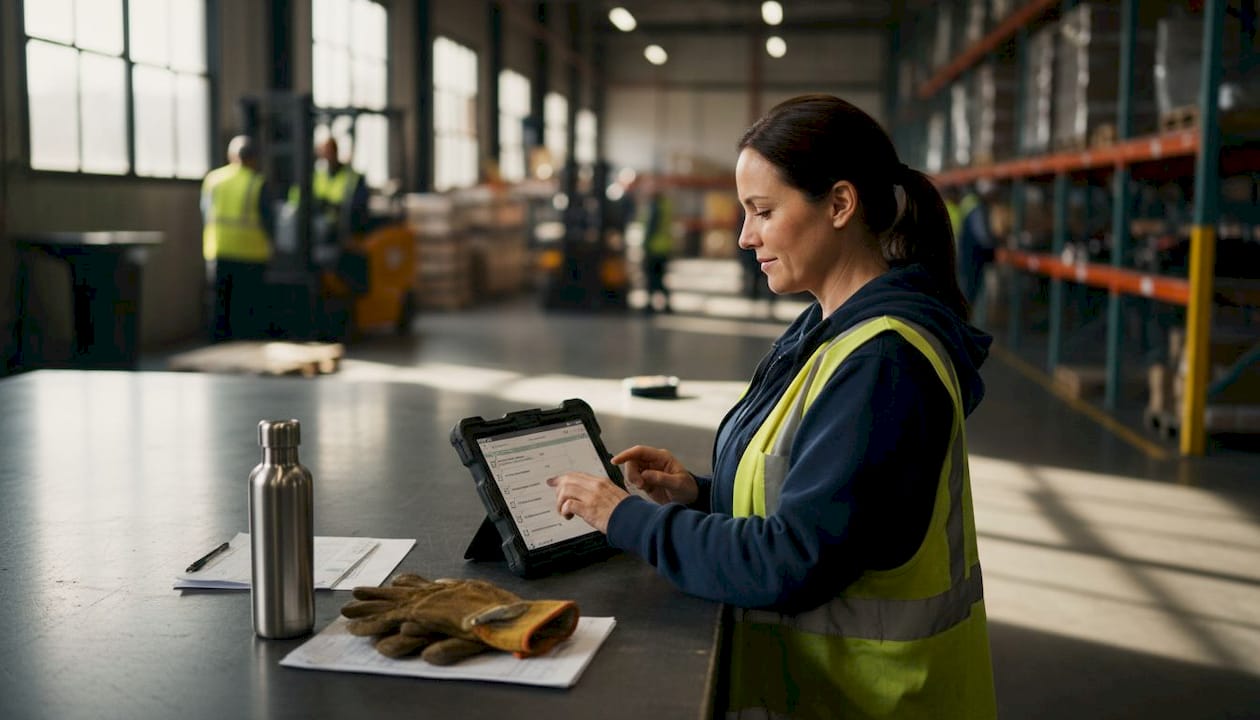 Warehouse supervisor uses digital checklist at table