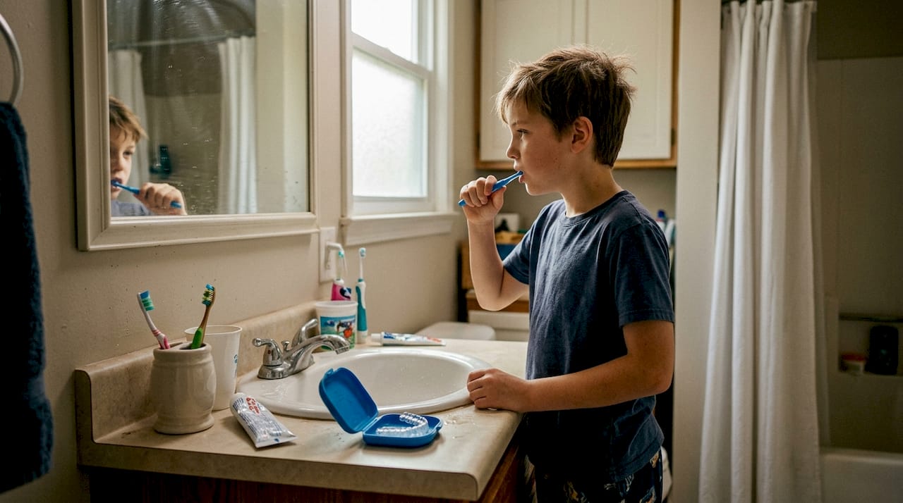 Boy brushing teeth with clear aligner case nearby