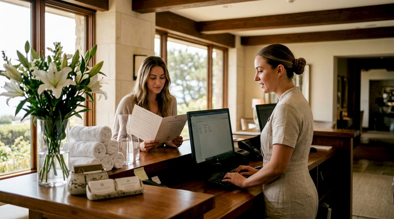 Receptionist welcoming guest at luxury spa desk