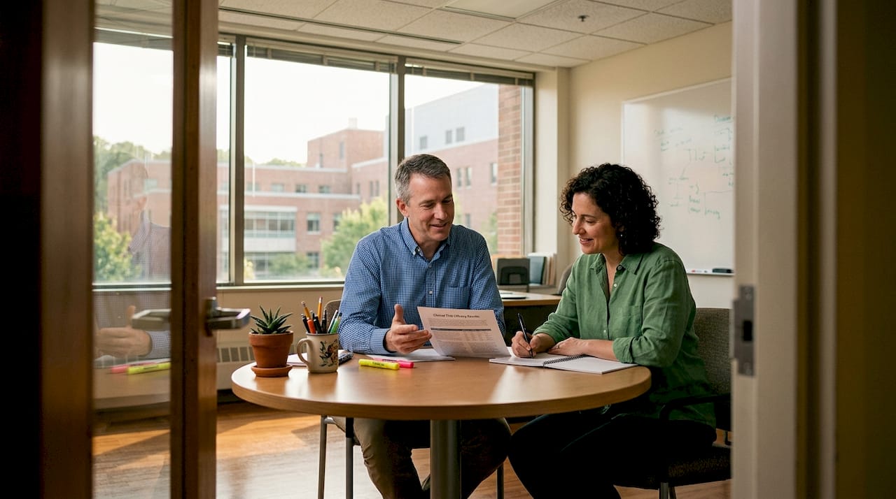 Researchers discuss study in casual meeting room