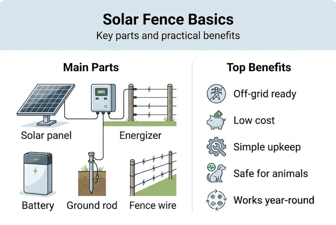 Infographic showing solar fence parts and benefits