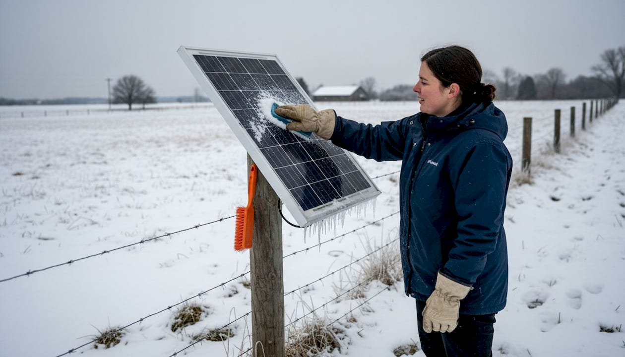 Worker clearing snow from solar fence panel