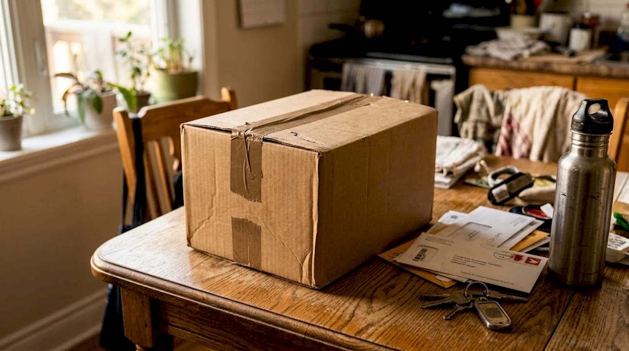 Plain box among everyday household items