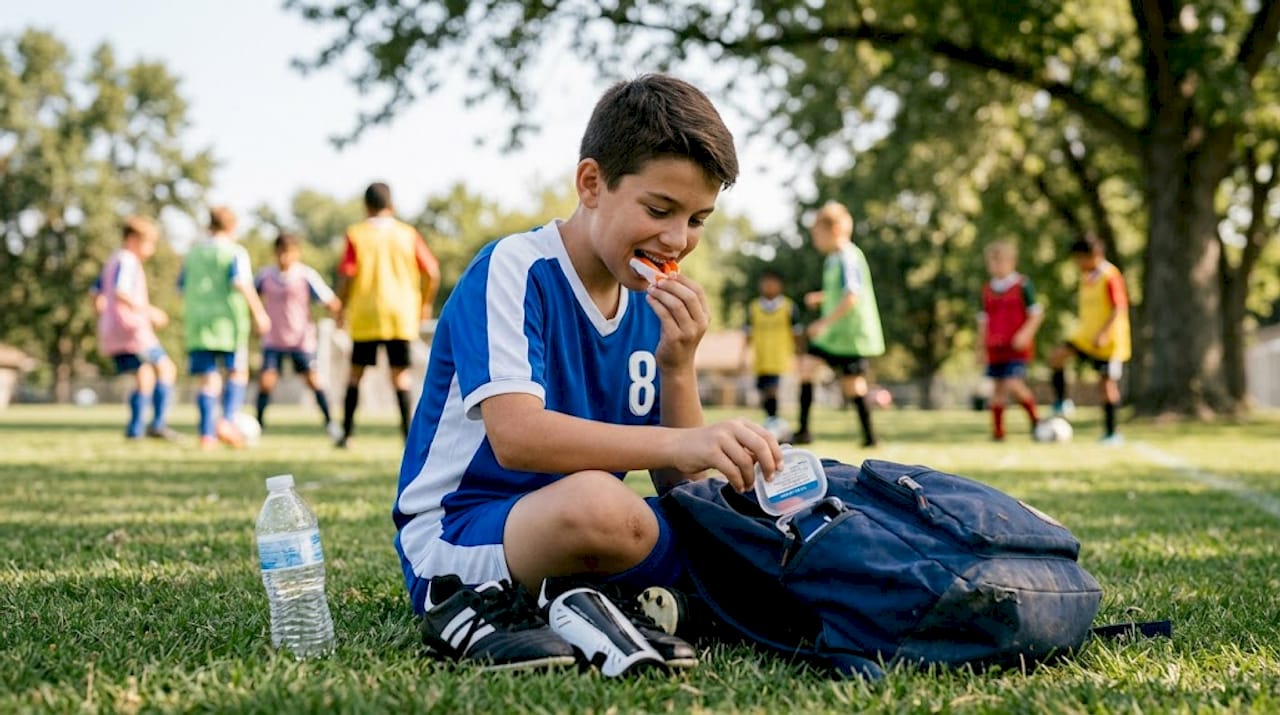 Boy prepares mouthguard for soccer with braces