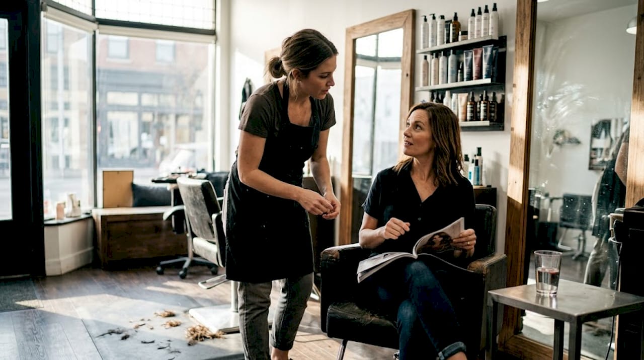 Hair stylist consulting with client in sunny salon
