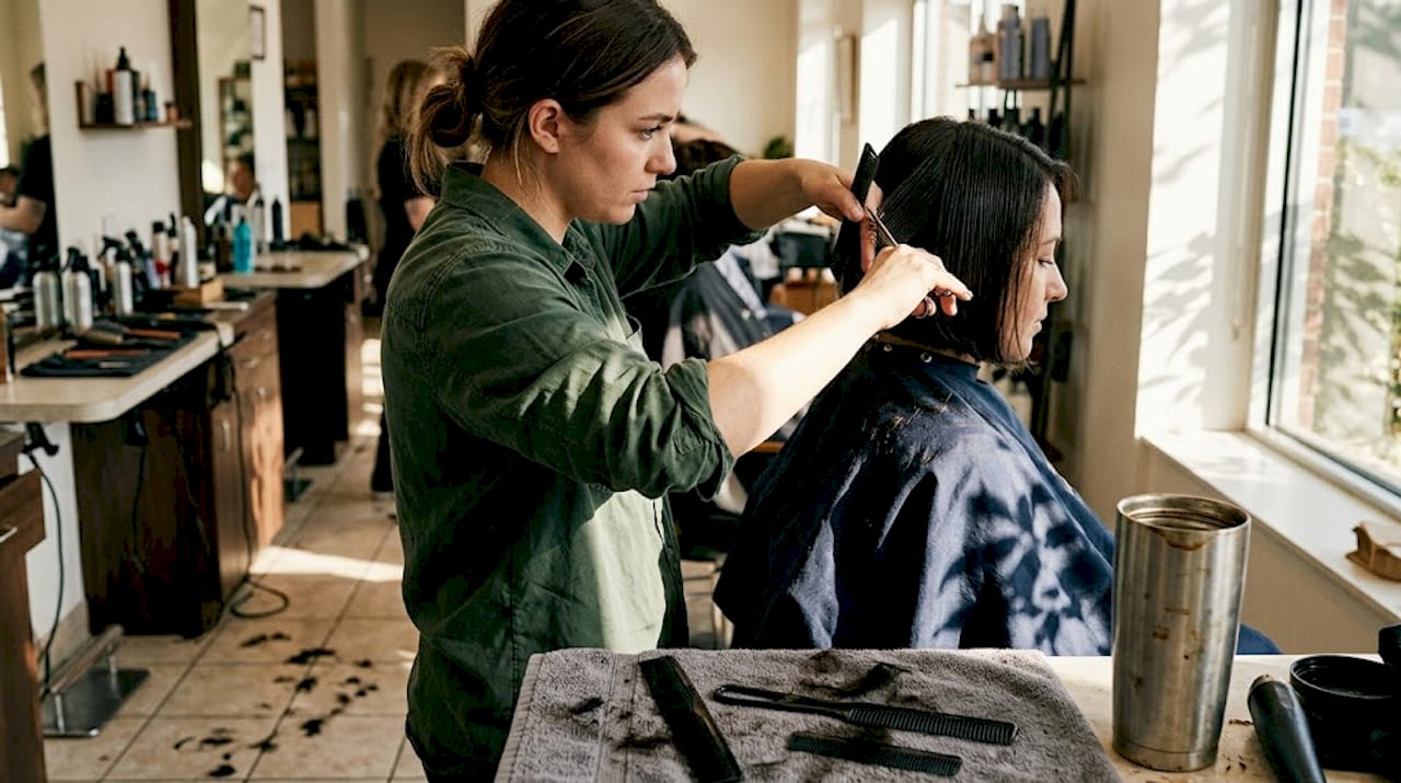 Stylist giving precision haircut at salon station