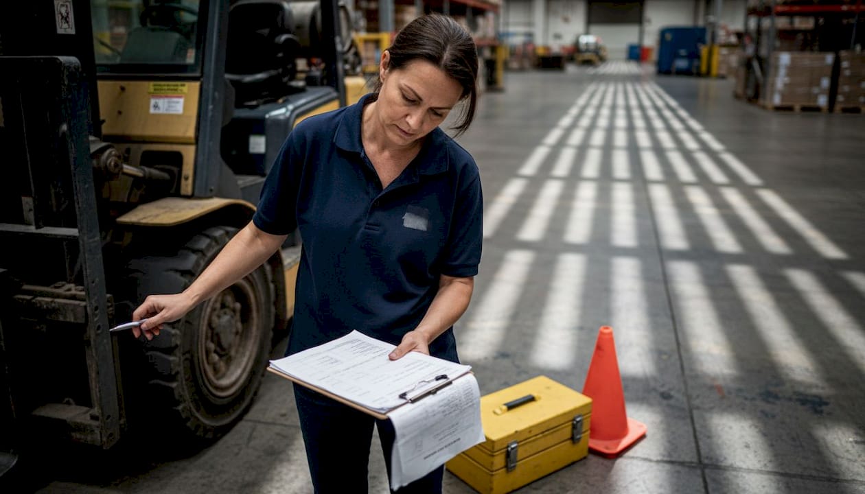 Supervisor performs routine forklift safety inspection