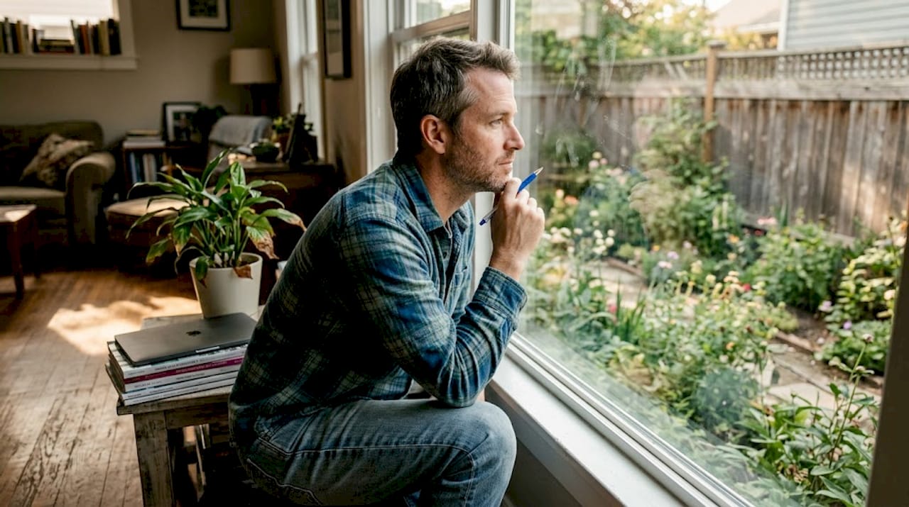 Man looking out window holding pen