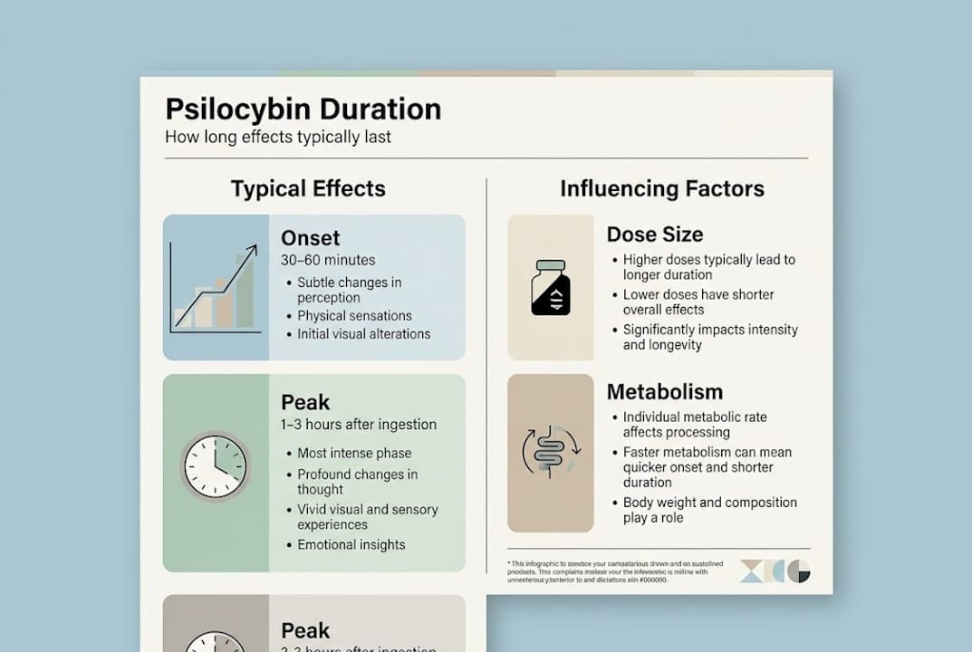 Infographic showing psilocybin duration and factors
