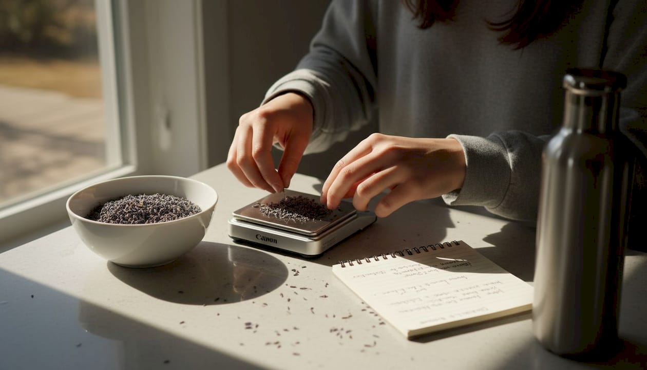 Measuring dried mushrooms on kitchen scale