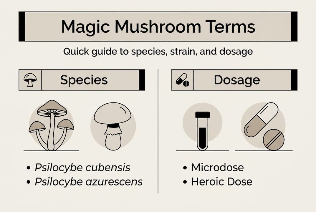 Infographic with mushroom terms, species, and dosage