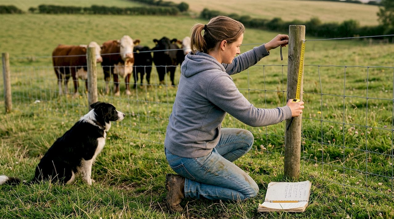Farmer measuring livestock fence height in pasture