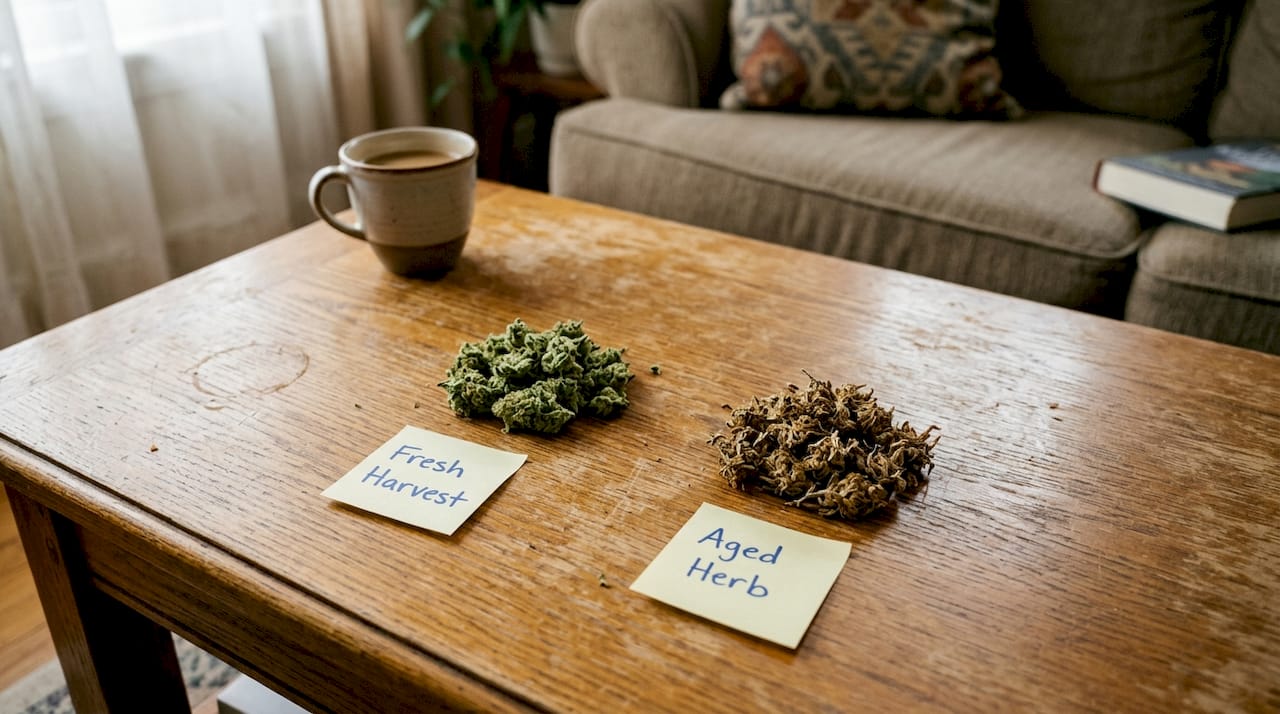Fresh and aged cannabis flower comparison