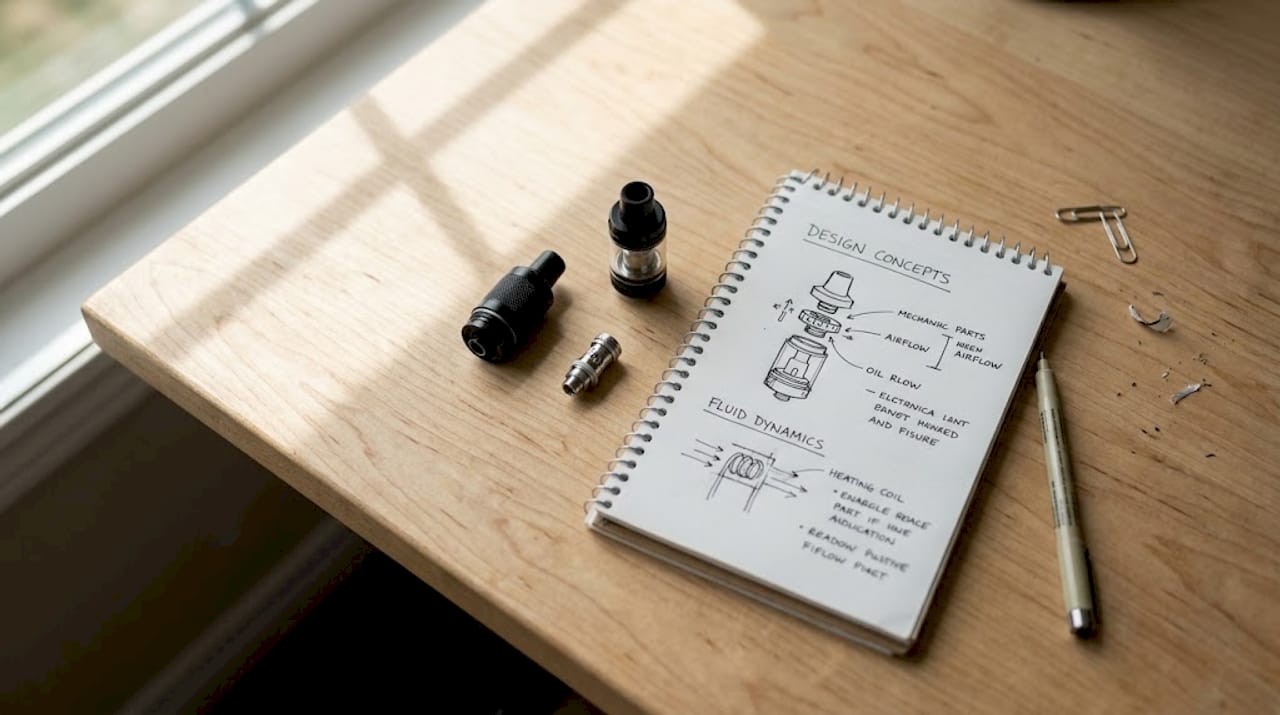 Vape cartridge pieces and hand-drawn diagrams