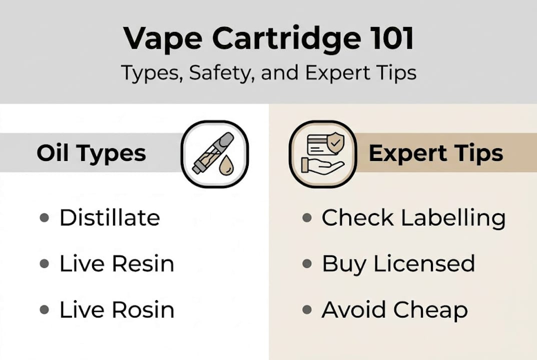 Infographic summarizing vape cartridge types and tips