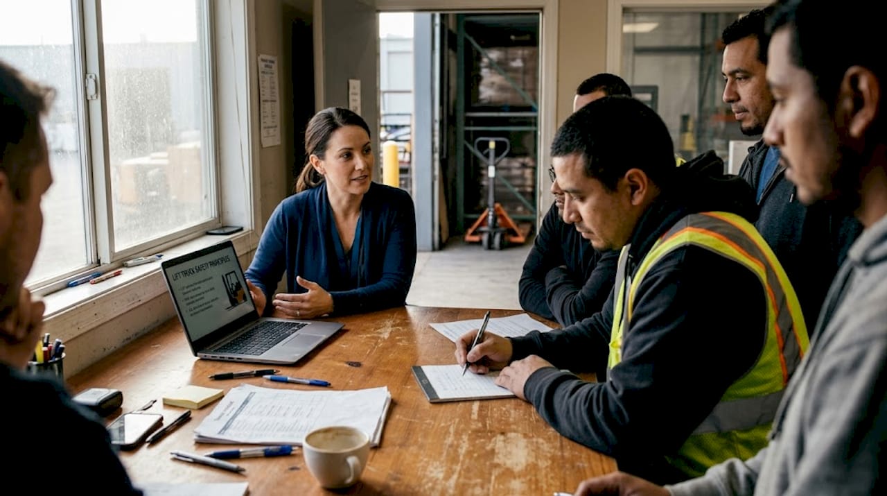 Trainer leading blended forklift safety session