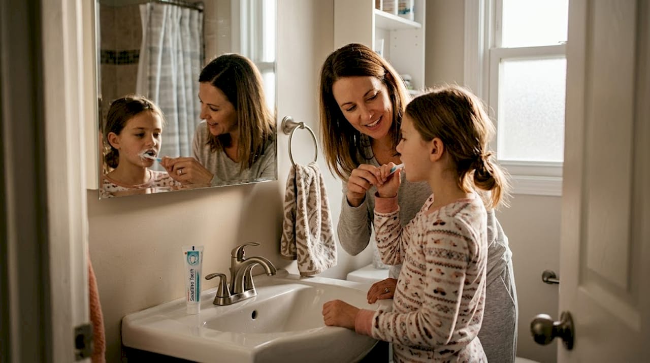 Mother helps child brush with sensitive toothpaste