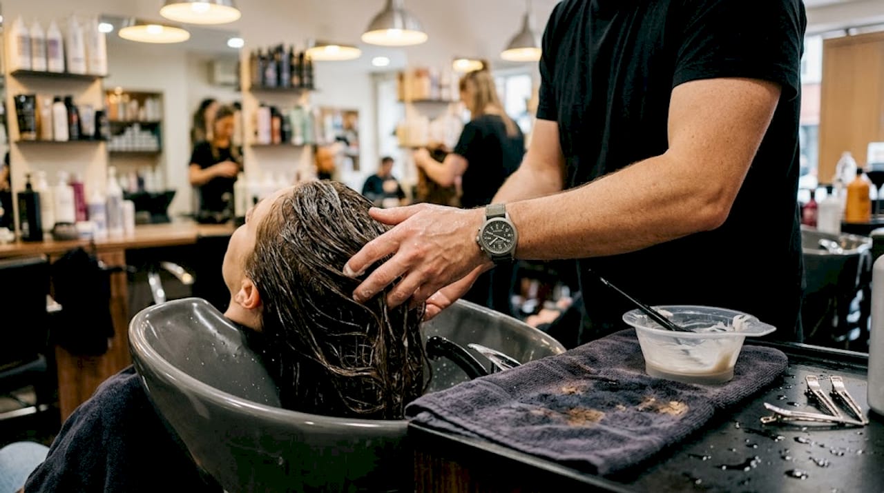 Hair treatment process close at salon sink