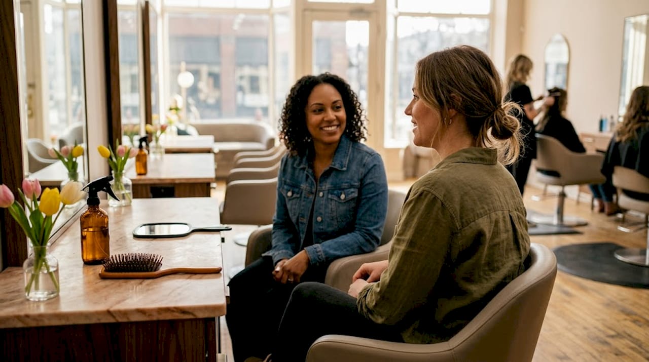 Stylist and client in luxury hair salon consultation